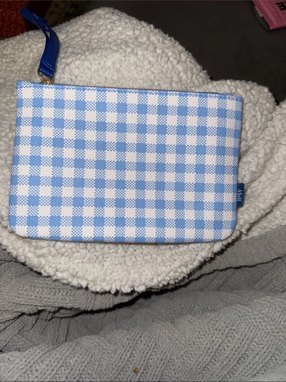 Ipsy Blue Gingham Faux Leather Glam Bag Wristlet